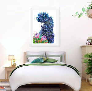 Australian Bird Art Print, Black Cockatoo Artwork, Protea Print