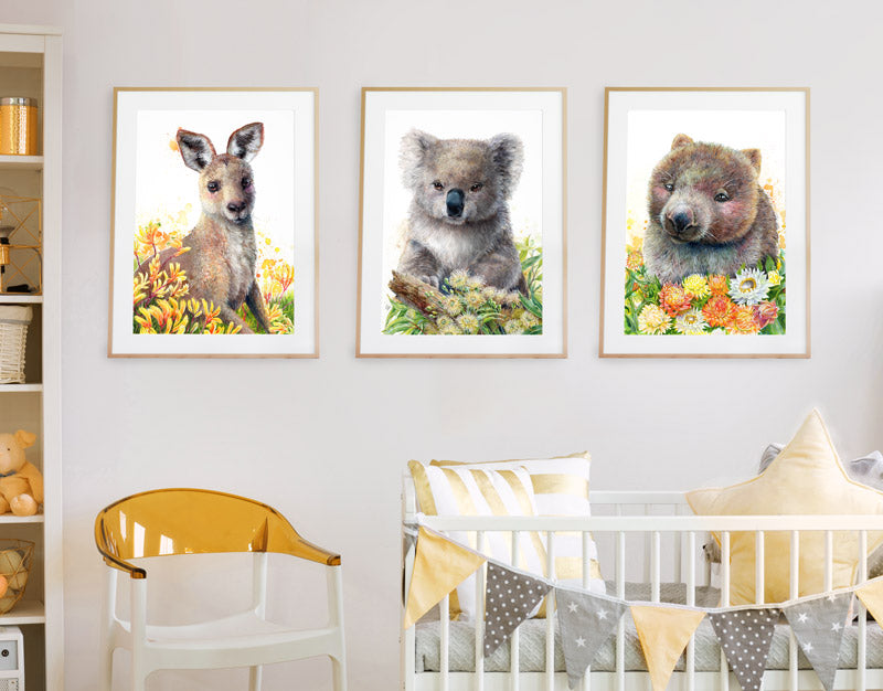 Kangaroo Koala Wombat Nursery Art Prints