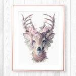 Magical Enchanting Pink Deer Artwork Nursery Girls Flower Art Print