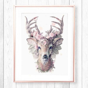 Magical Enchanting Pink Deer Artwork Nursery Girls Flower Art Print