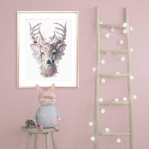 Art for Little Girls Room, Pink Deer Print, Bambi Print, Floral Art Print